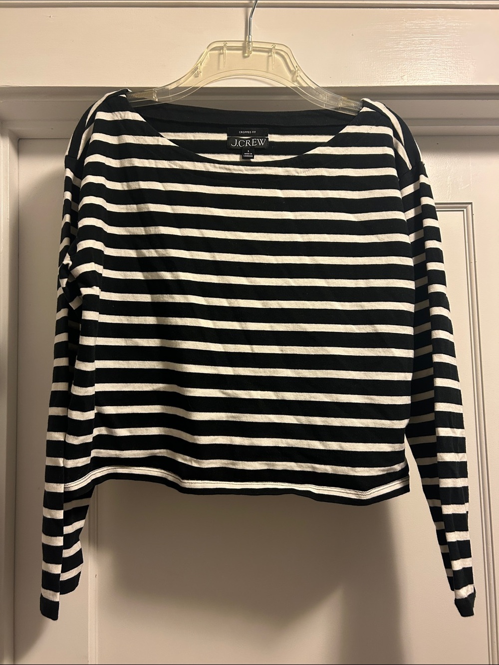 J. Crew Black/White Striped Women’s Long-Sleeve Boatneck Cropped Shirt - S, NWOT